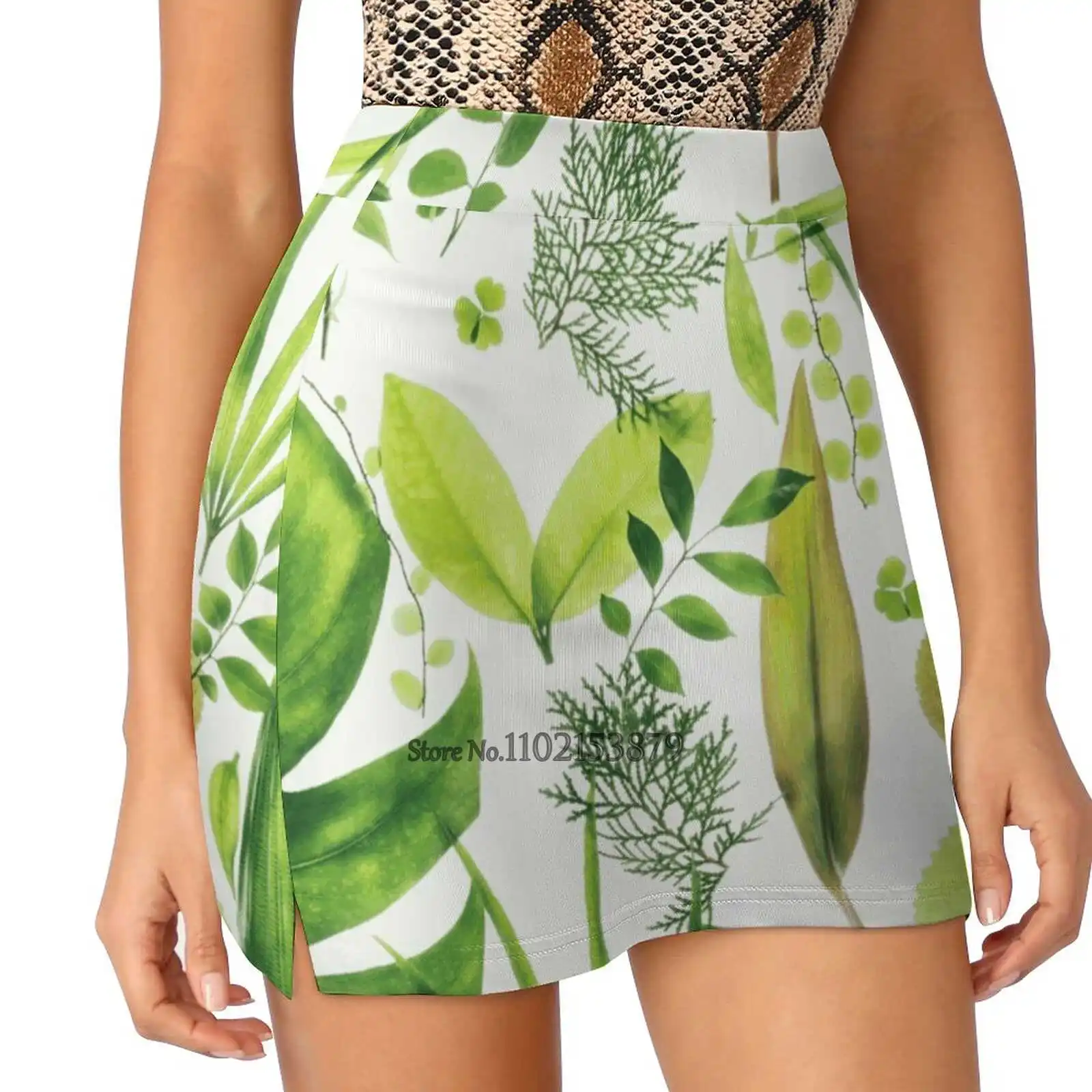 

Женская Спортивная юбка с листьями, для тенниса, гольфа, танцев, фитнеса, бега, йоги, ботаническая, с растительными листьями и зелеными листьями