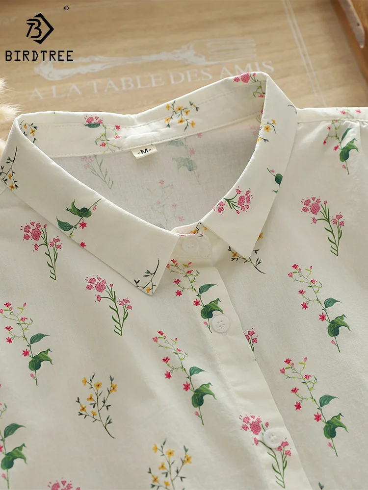 Women Summer Flower Turn Down Collar 100 Cotton Shirt