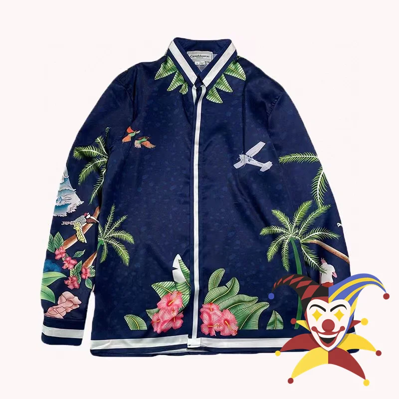 

Blue CASABLANCA Silk Shirt Men Women Digital Printing HAWAIIAN Tees