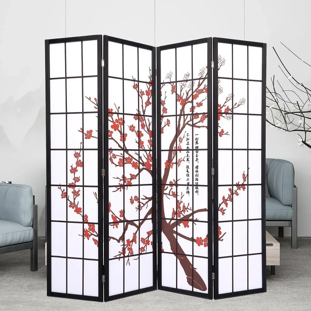 

Screen Room Divider, 4 Panel Privacy Screen, 5.6FT Portable Freestanding Wall Divider for Room Separation, Plum Blossom Design