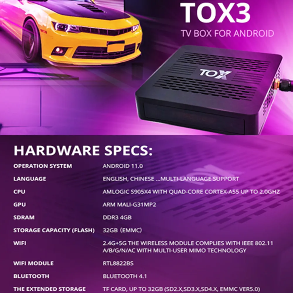 Original TOX3 TV Box Amlogic S905X4 Android11 4GB RAM 32GB ROM BT AV1 1000M LAN 2T2R Wifi 2.4G&5G HDR Media Player Set Top Box smart tv box tv box streaming media player