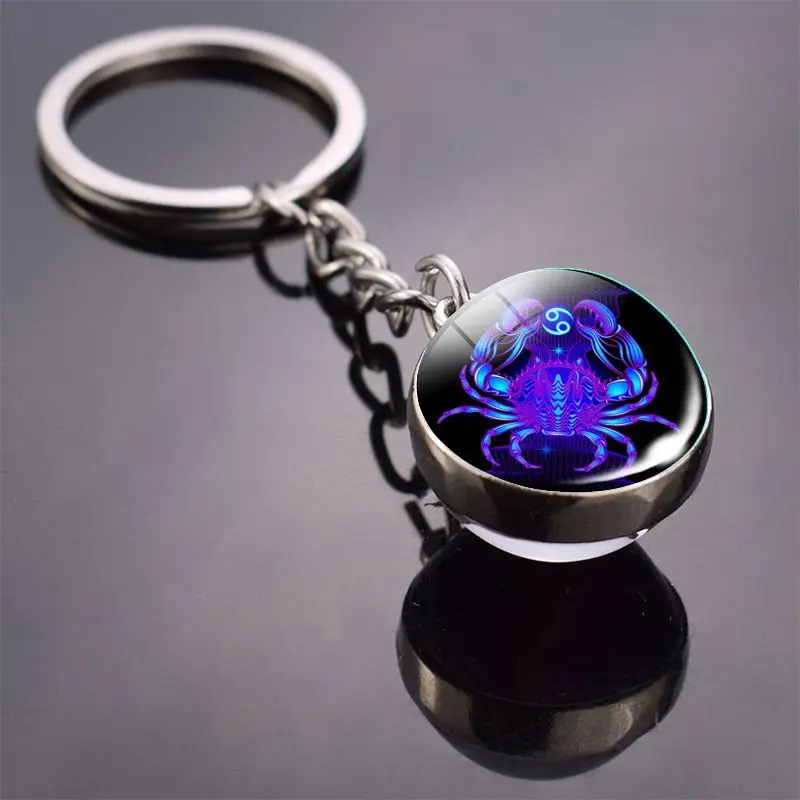 Key Chains 12 Constellation Key Chain Luminous Double Sided Glass Ball Pendant 12 Zodiac Key Chain Fashion Birthday Gift for Men and Women