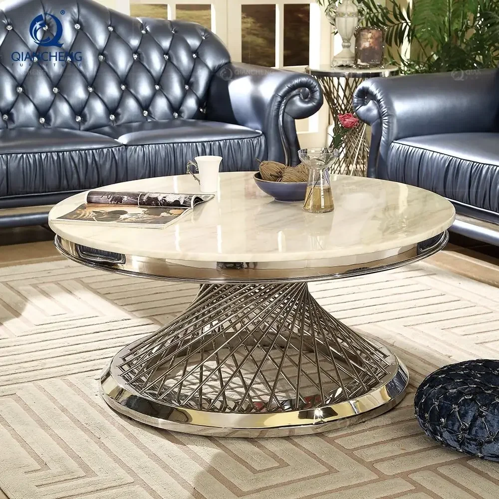Luxury coffee table living room furniture marble table top gold metal stainless steel round coffee