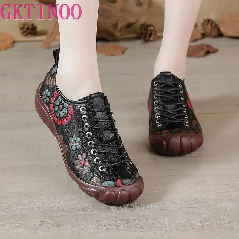 GKTINOO Genuine Leather Flats Women Shoes Print Lace-up Round Toe New Spring Concise Leisure Retro Handmade Ladies Shoes