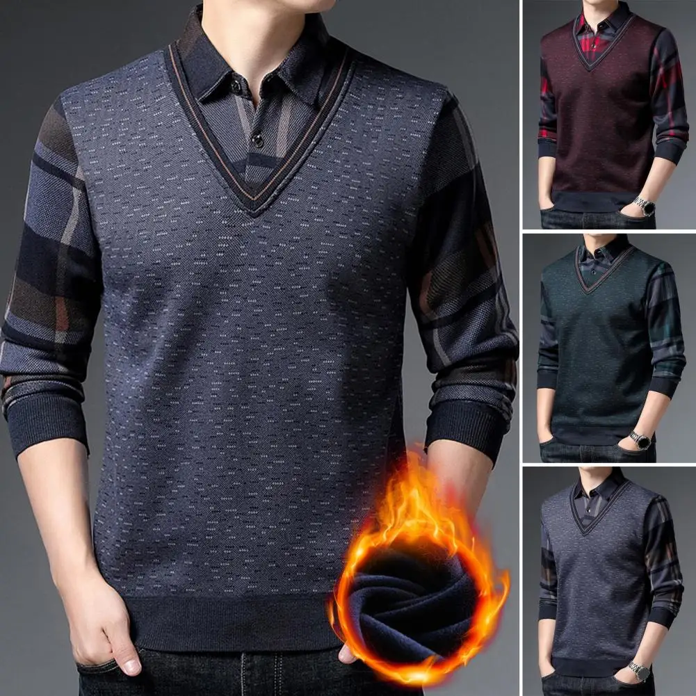 

Мужской осенний трикотажный свитер из двух предметов в клетку с длинным рукавом и лацканами подходящая расцветка утепленная рубашка на пуговицах для мужчин среднего возраста