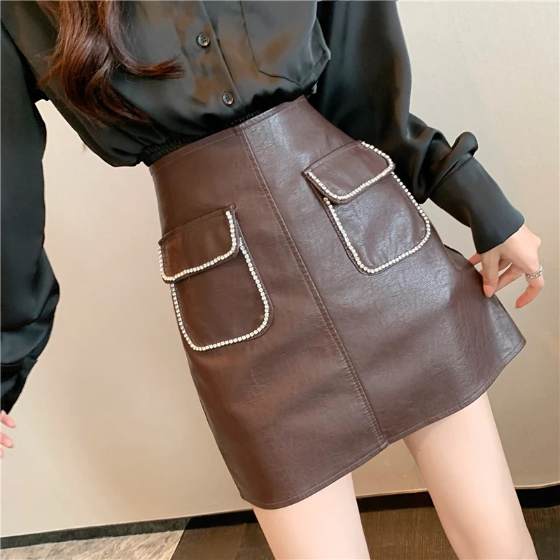Circyy Mini Skirt Women A-Line High Waist Slim Fashion Elegant Chic Pockets Coffee Leather Skirts Spring New Office Lady Clothes