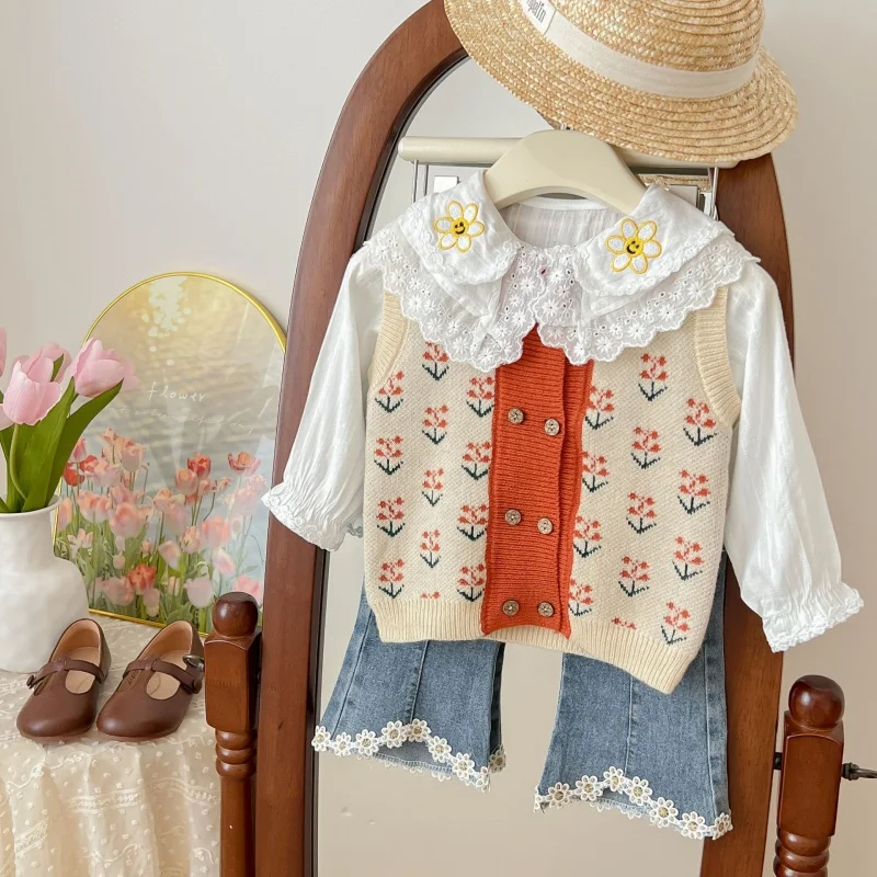 

Children's Clothing Girls' Fashion Base Cardigan Doll Collar Spring and Autumn Clothing Year-Old Baby Girls' Embroidery Long Sle