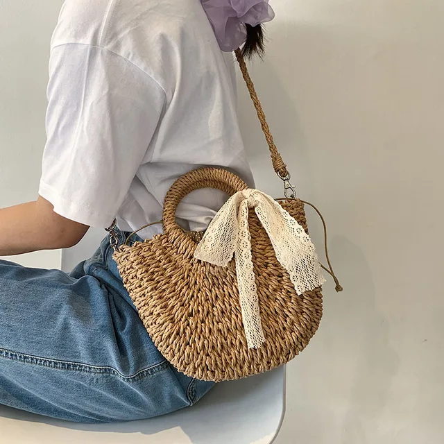 Stylish and functional Straw Bag Women Hand-Woven Handbag with moon shape and lace bow rattan design