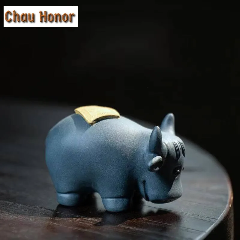 Yixing Purple Clay Tea Pet Chinese Five Blessed Ox Statue Ornaments Handmade Sculpture Figurine Crafts Zisha Tea Set Decoration