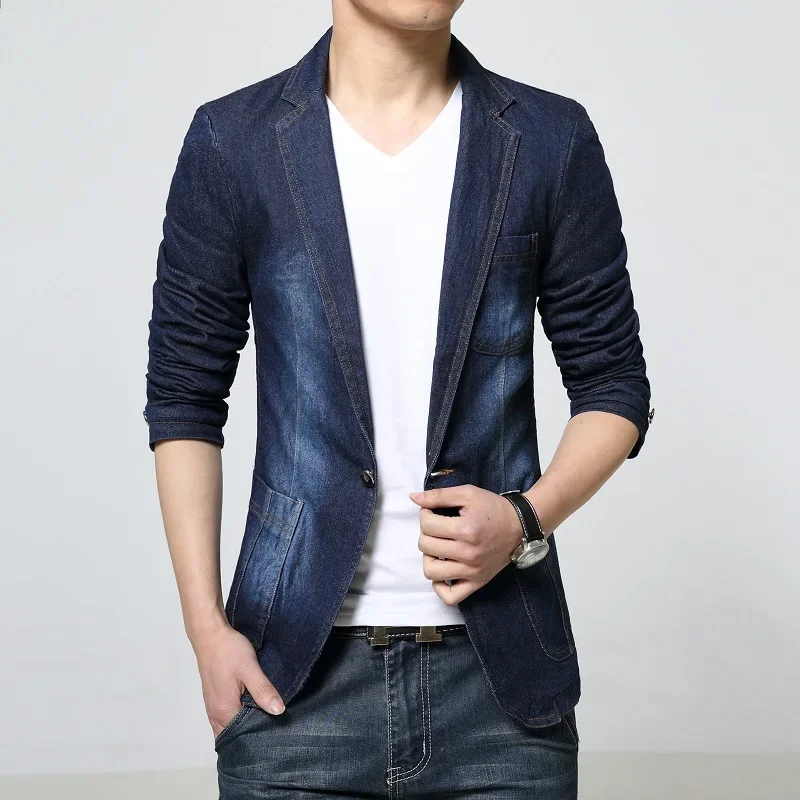 Mens Denim Blazer Men Fashion Cotton Vintage Suit Jacket 4XL Male Blue Coat Denim Jacket Men Slim Fat Jeans Blazers