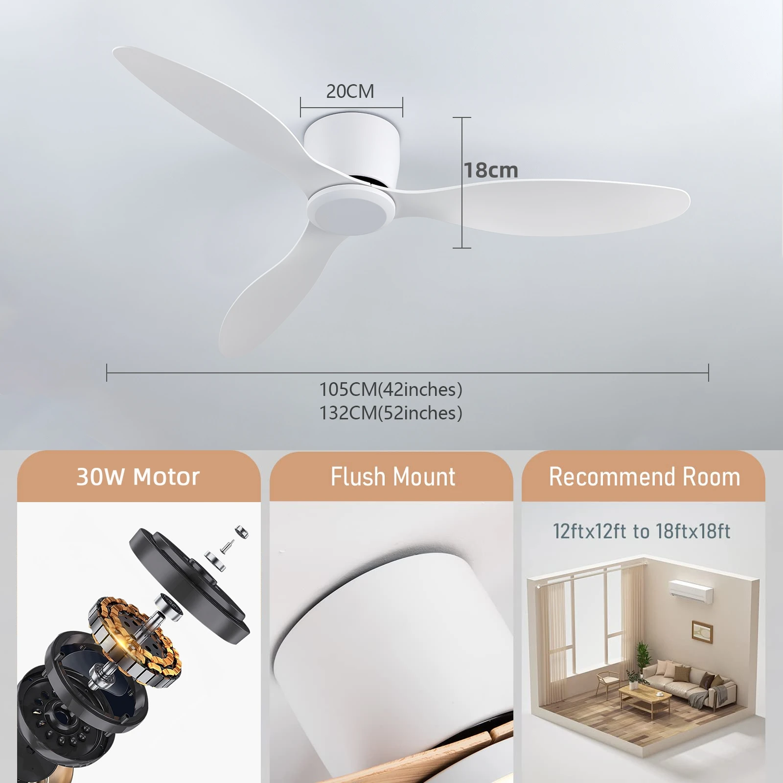 IRALAN 42inch/52inch Ceiling Fan without Light,6-Speed Reversible,Timer,Outdoor Bedroom Living Room-White/Black/Wood 6