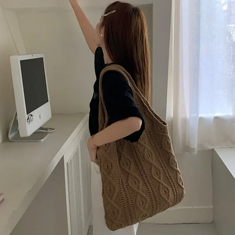 Wool Knitted Shoulder Shopping Bag for Women Vintage Cotton Cloth Girls Tote Shopper Bag Large Female Casual Handbag Crochet Bag