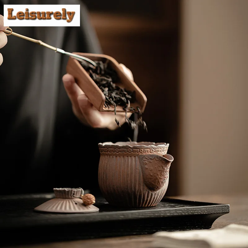 120ML Creative Old Rock Clay Teapot Handmade Stripe Coarse Pottery Pot Household Tea Making Kettle With Filter Tableware Craft