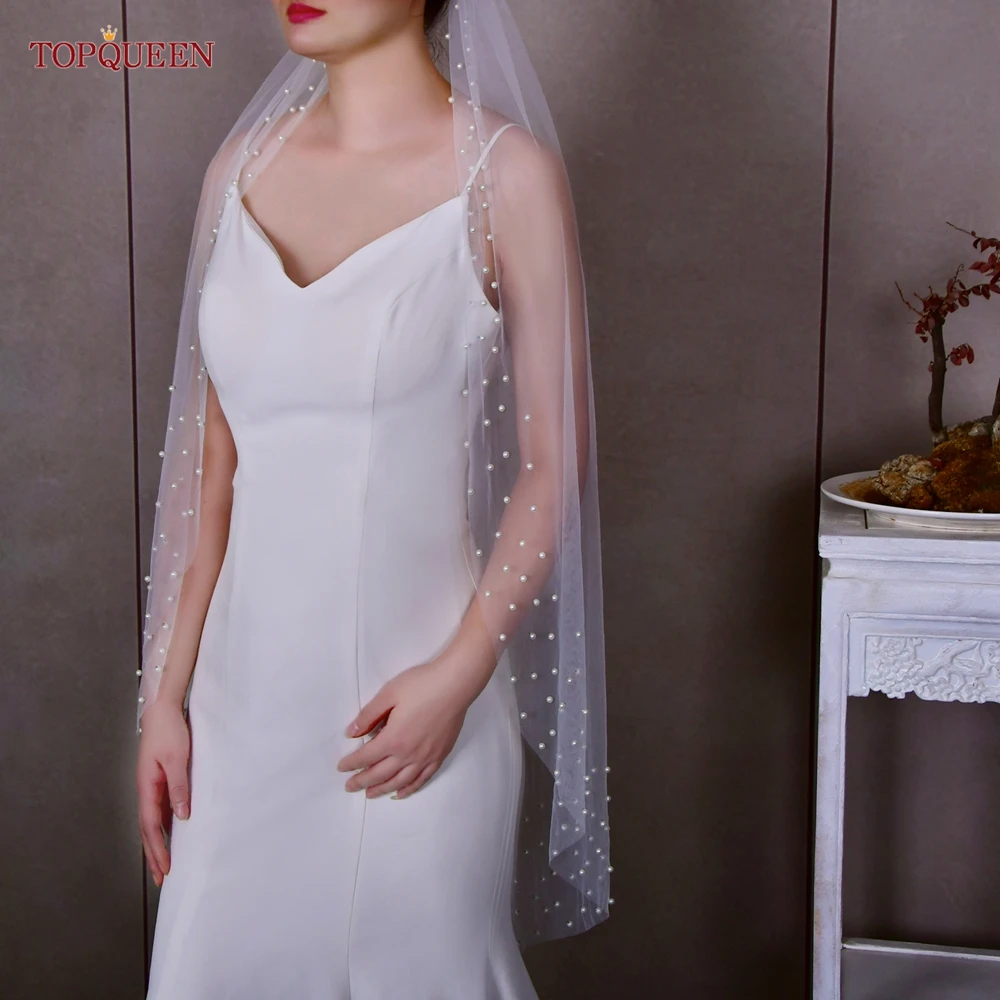 Pearls Wedding Veils with Comb Bridal Veil Type Layer Dramatic 1 Tier Pearl Veil for bridal veil