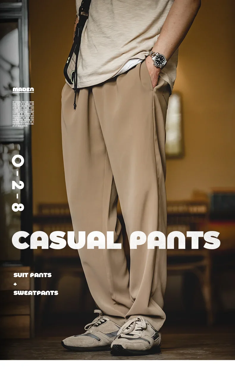 Maden Men's Drape Tapered Casual Pants Solid Color Straight-Leg Suit Pants Wrinkle-free Elastic Waist Trousers for Summer Fall