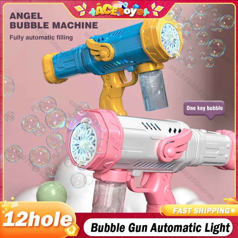 

12 Hole Automatic Bubbles Gun Rocket Kids Toy Soap Bubble Machine Guns Blower Portable Pomperos with Light Childrens Day Gifts