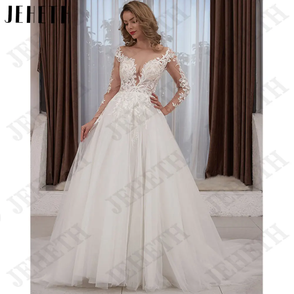 

JEHETH O-Neck Appliques A-Line Wedding Dress Long Sleeve Backless Bride Gown Back Buttons Tulle vestidos novias boda Custom Made