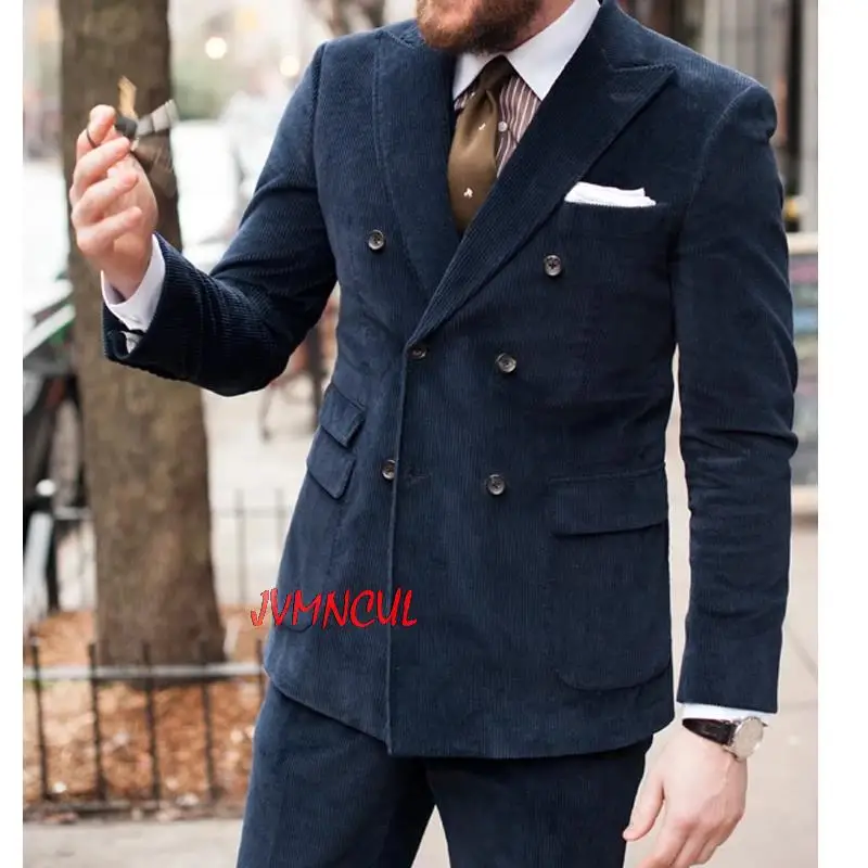 

Dark Blue Corduroy Suits for Men with Peaked Lapel 2 piece Double Breasted Costume Homme Wedding Tuxedo Groom Terno Masculino