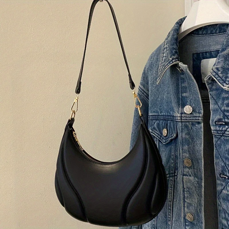 Stylish Shoulder Bag with Golden-Tone Hardware & Zipper Closure Versatile Nylon Lined Chic Handbag for Casual & Formal Occasions