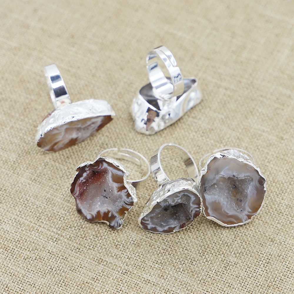Natural Stone Irregular Agate Druzy Finger Ring Silver Plated Healing Quartz Primary Slice Resizable Size Jewelry Wholesale 6Pcs