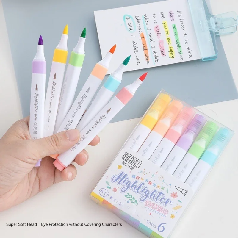 6 Colors Pastel Highlighter Marker Pen Set Brush Fluorescent Markers Art Marker Japanese Cute Kawaii Stationery