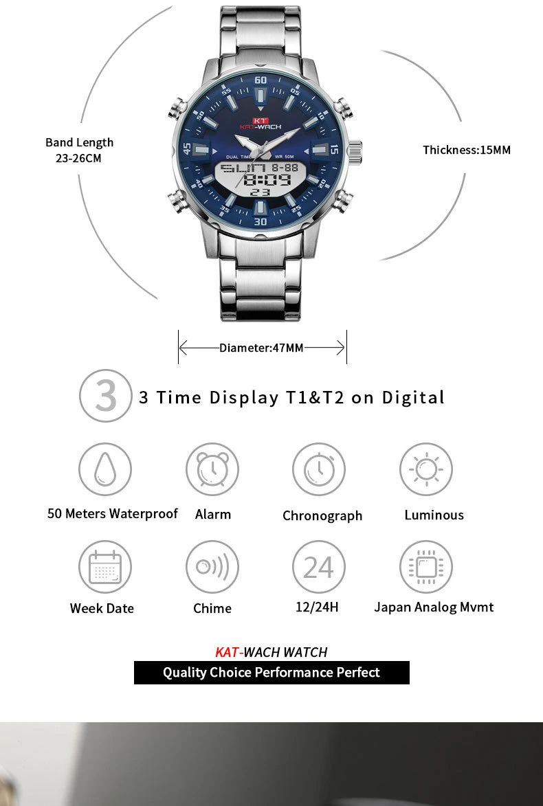 KAT-WACH Top Brand Men Watch Waterproof Sports Digital Watches Men LED Steel Military Quartz Watch For Men Wristwatch Relogio