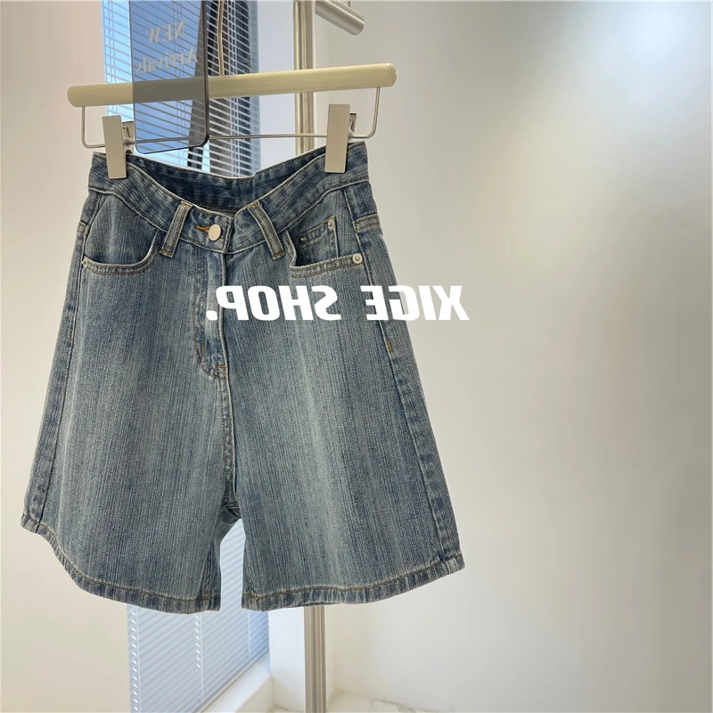 

2024 Summer Instagram American Retro Vertical Pit Stripe Texture Jeans Split Pants Shorts Women's High Waist Loose Wide Legs