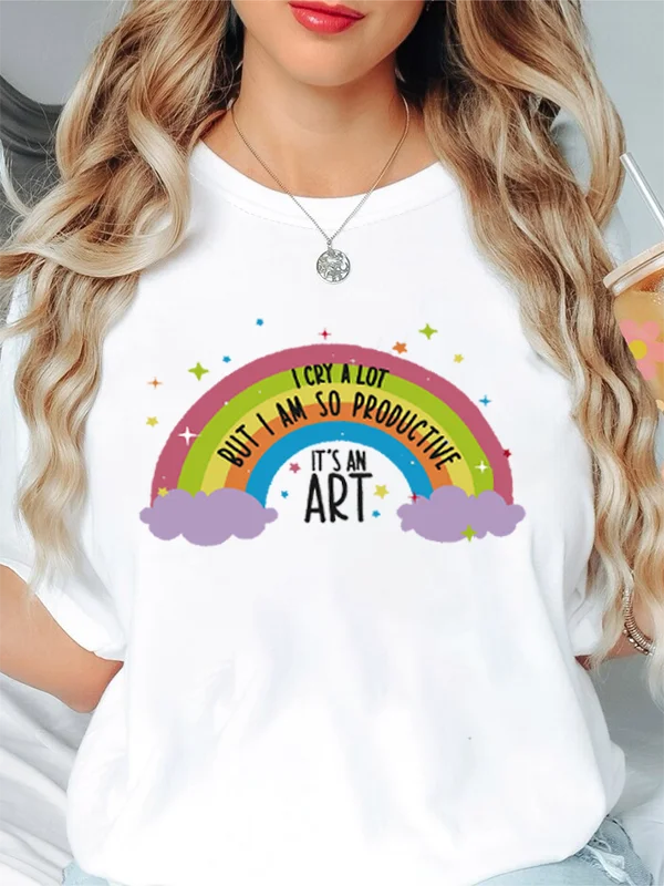 

Cute Cartoon Watercolor of The Rainbow Print Female Shirt I Cry A Lot Productive It Is An Art Funny Slogan Women T-shirt