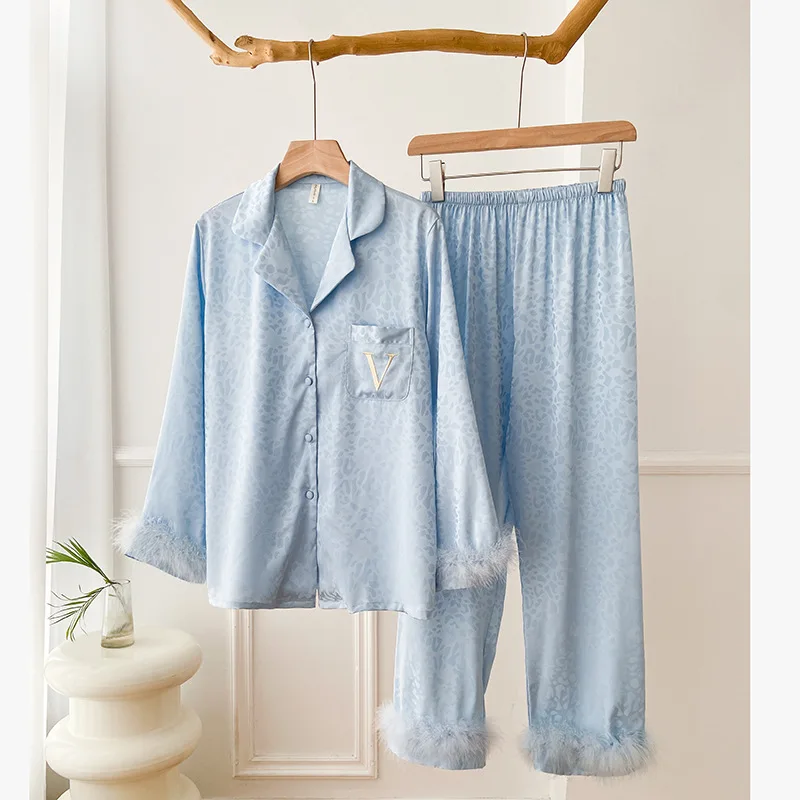 

Blue Leopard Pyjamas Pour Femme Feather Patchwork Nightwear SATIN 2Pcs Sleepwear Long Sleeve Shirt&pants Trousers Set Lingerie