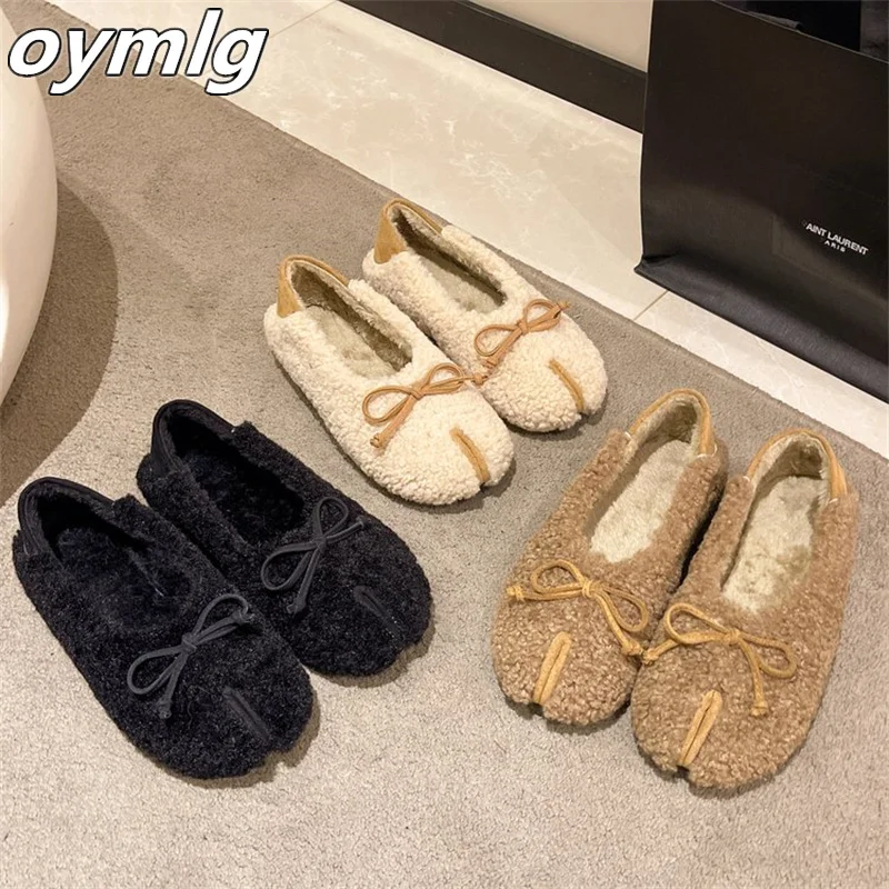2023 Autumn and Winter New Bow Knot Plush Shoes for Women's Shallow Mouth Plush Double Wear Flat Bottom Plush Warm Cotton Shoes