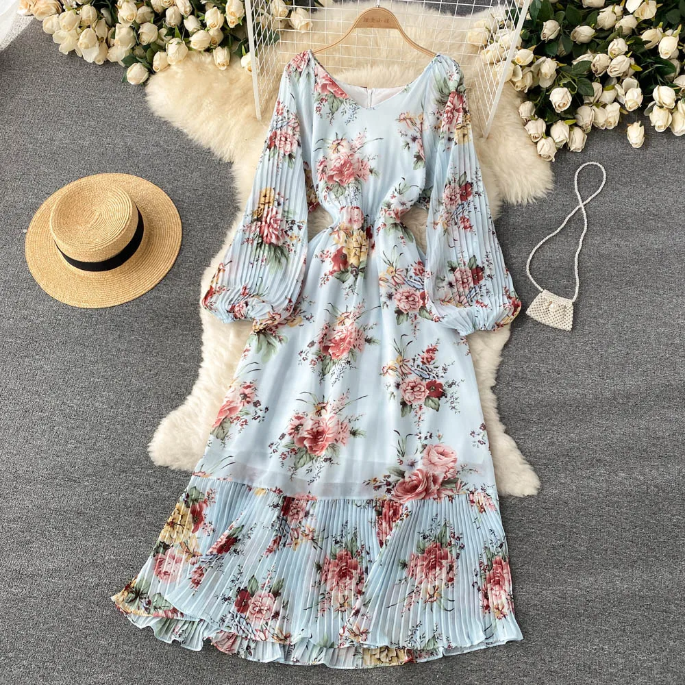 

Tulin Fashion French Chiffon Floral Dress Female Long Sleeve A-line Pleated Dresses New Autumn Elegant Boho Print Long Dress