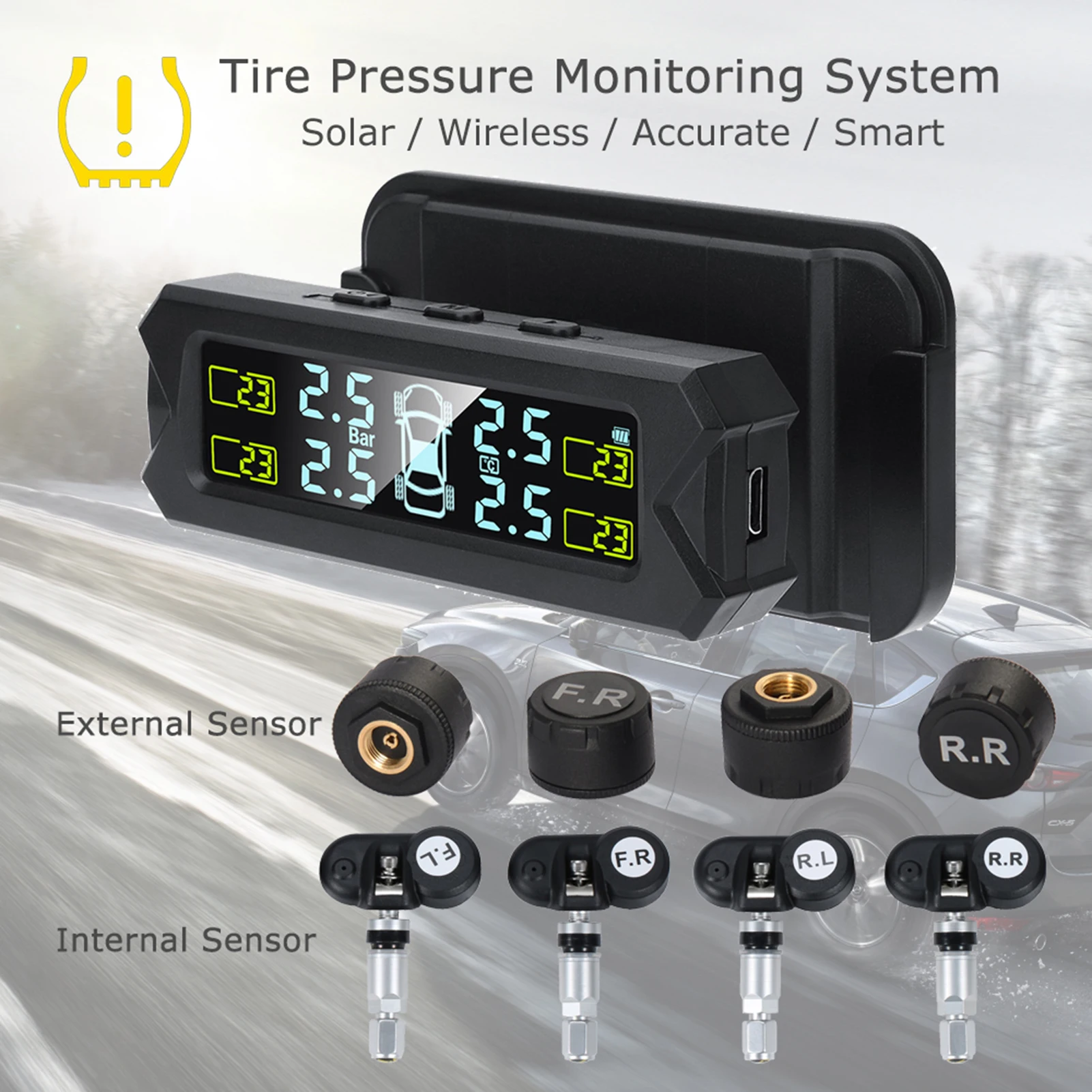 Car tire pressure monitor car tire pressure sensor Tire Pressure Monitoring System, Wireless Solar Power TPMS with 5 Alarm Modes, Auto Backlight LCD Display 4 Sensors 0-81 PSI
