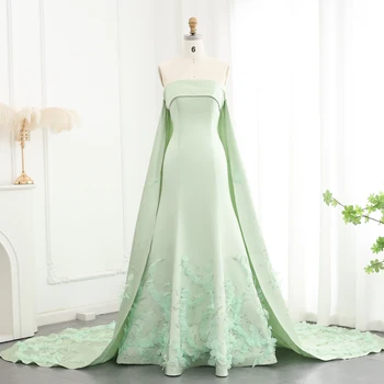 Luxury Crystal 3D Leaves Sage Green A-Line Dubai Evening Dresses with Cape Arabic Women Wedding Party Gowns 449 2