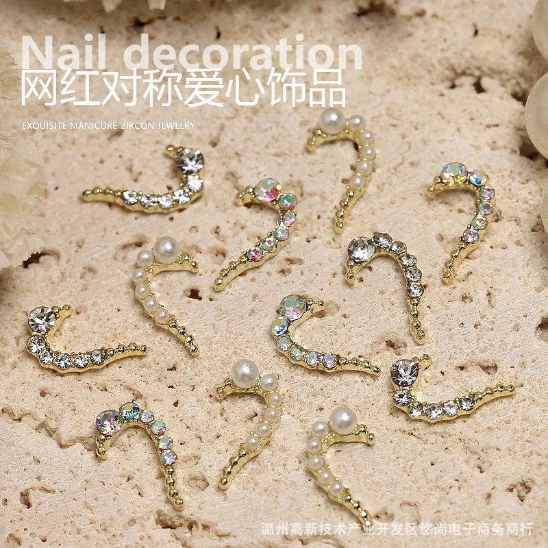 10PCS Alloy Half Heart Zircon Nail Art Rhinestone Clear/Pearl/AB Heart Nail  Charms DIY Nail Art Decorations Accessories 7x12mm