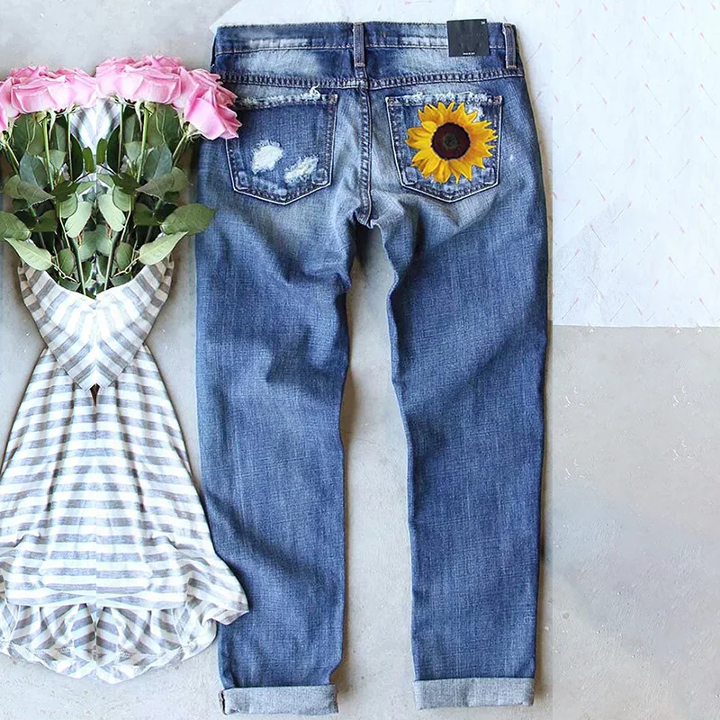 Women Ripped Jeans Elastic Frayed Raw Hem Distressed Denim Pants Skinny Sunflower Leopard Print Long Jeans Ladies Trousers