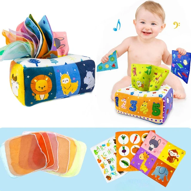 URMYWO Boîte à Mouchoirs Sensorielle Bébé – Jouet Montessori Tummy Time Avec Foulards Et Papier Froissé – Lavable 0-12 Mois