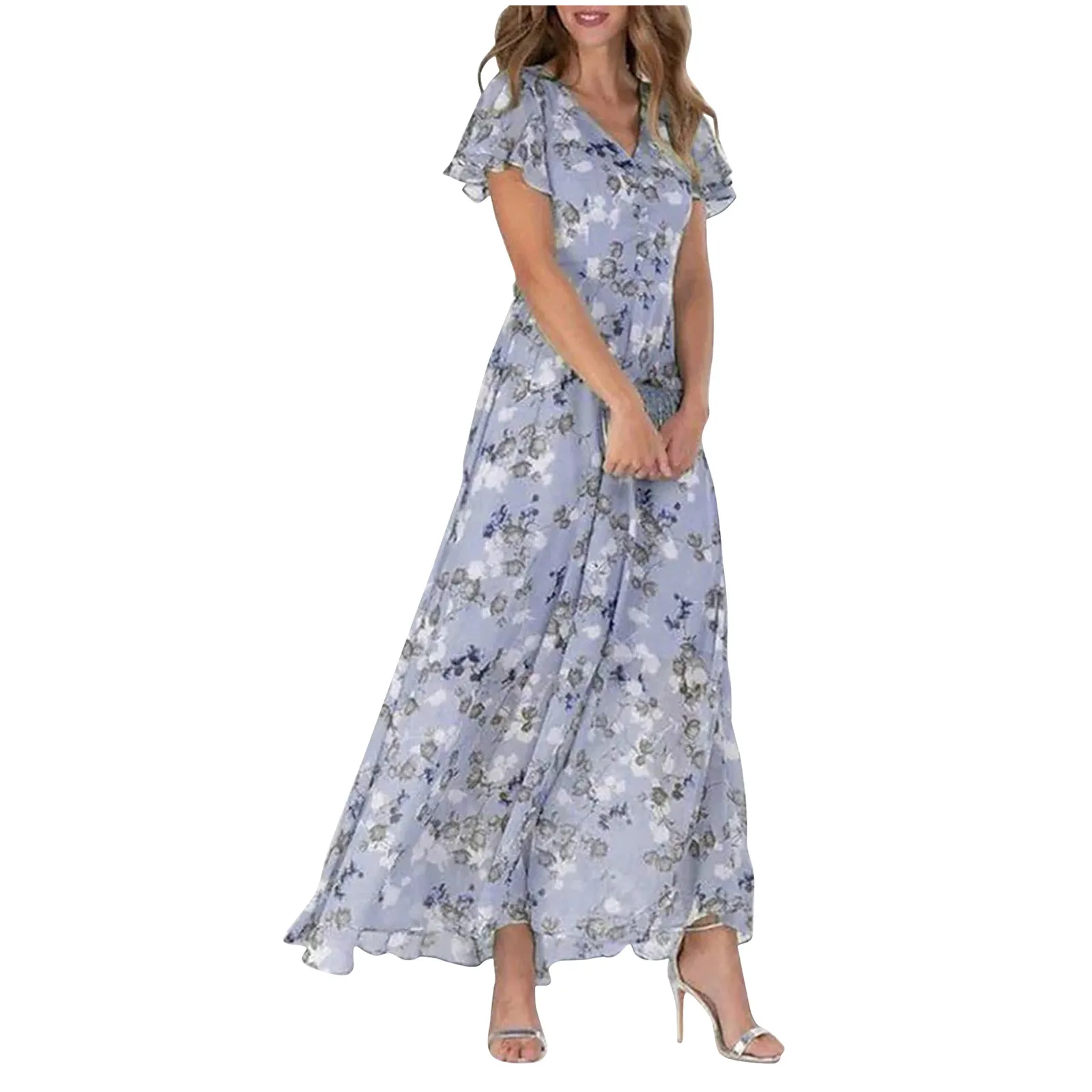 

Women'S Swing Long Dress Chiffon Floral Short Sleeve Ruffle V Neck Fashion Waist Flowy Dress Elegant Dresses For Women платье