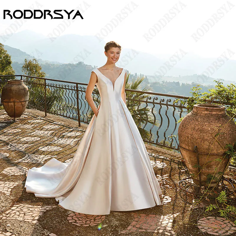 

RODDRSYA Simple V-Neck Satin Bridal Gowns Cap Sleeve Backless Button Wedding Dress For Women A-Line Vestido De Noiva Custom Made