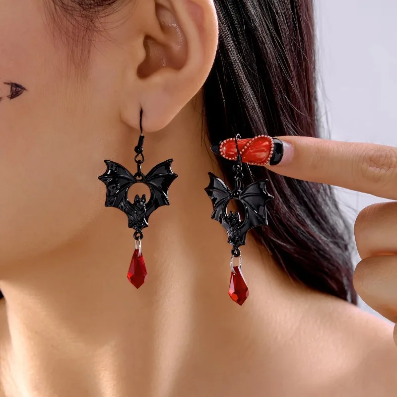 Punk Gothic Vampire Bat Earrings for Women Witch Halloween Party Jewelry Accessories Red Crystal Vintage Ear Hooks