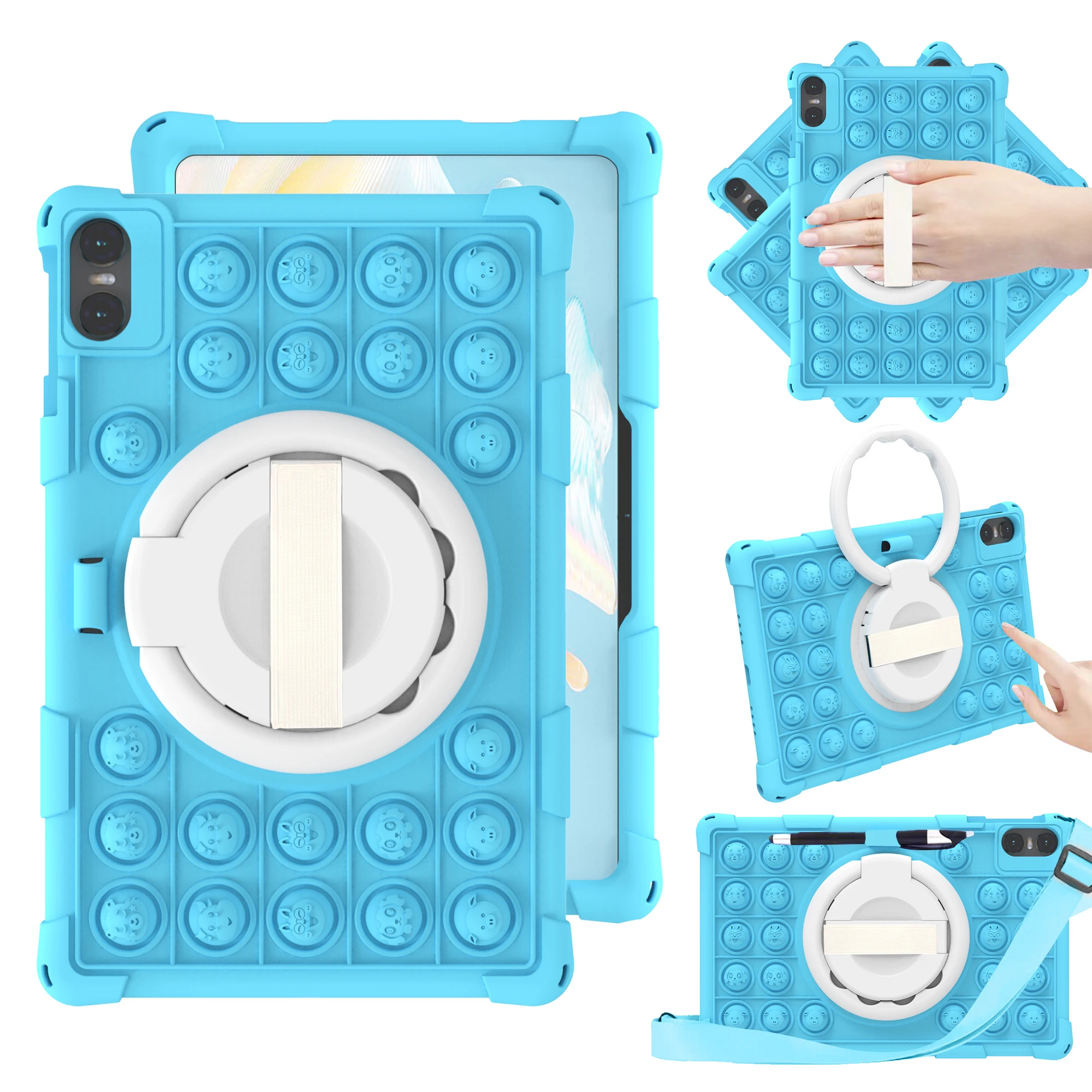 Kids Shockproof Silicone Cartoon Case with Decompression Bubbles, Shoulder Strap & Pen Holder