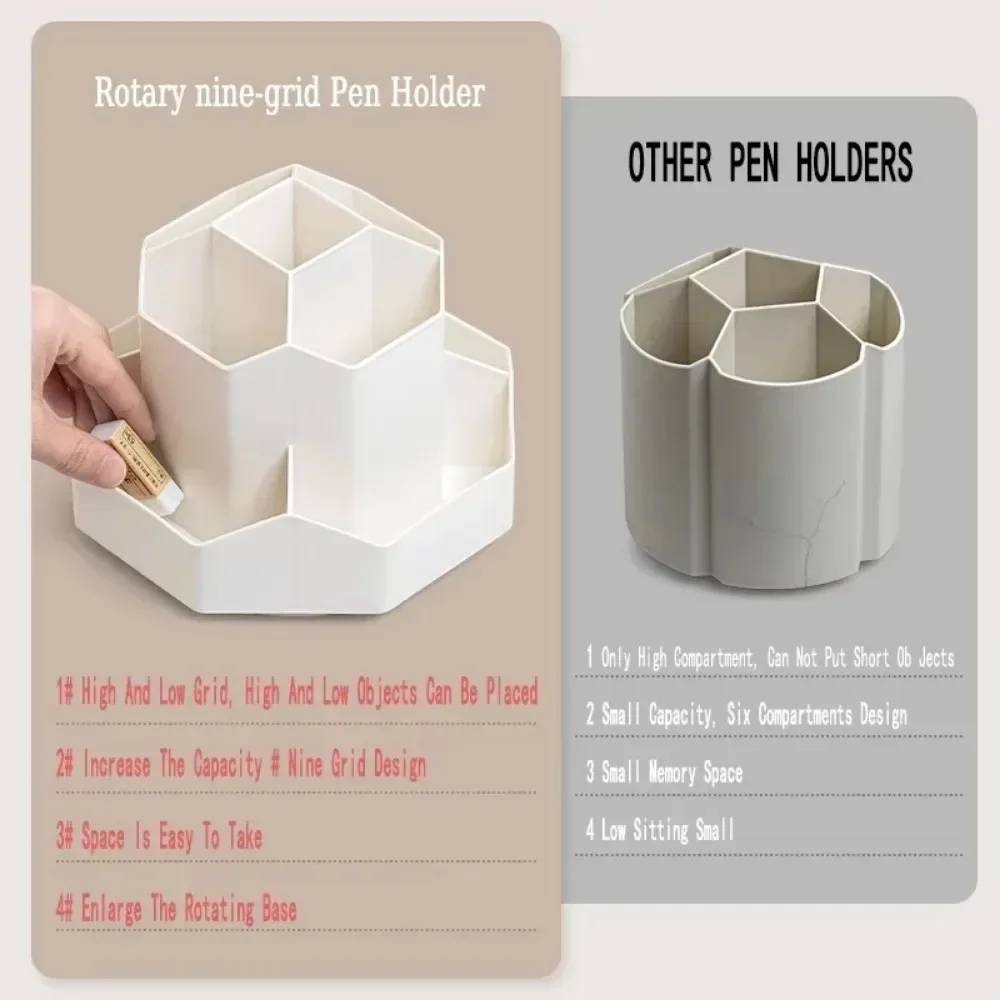360&deg;Rotatable Pen Holder Large Capacity Desk Pencil Storage Box 9-Grid Stationery Economic Organizer School Office Pen Stand pen holder,stationery organizer,stationery storage box,pen pencil case