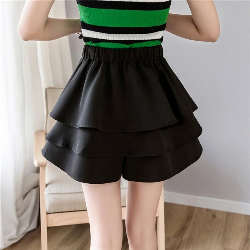 High Waist Summer Women Elegant Loose Wide Leg Cake Shorts Female 2021 Spring Summer Layered Ruffles Tulle A-line Shorts Skirts