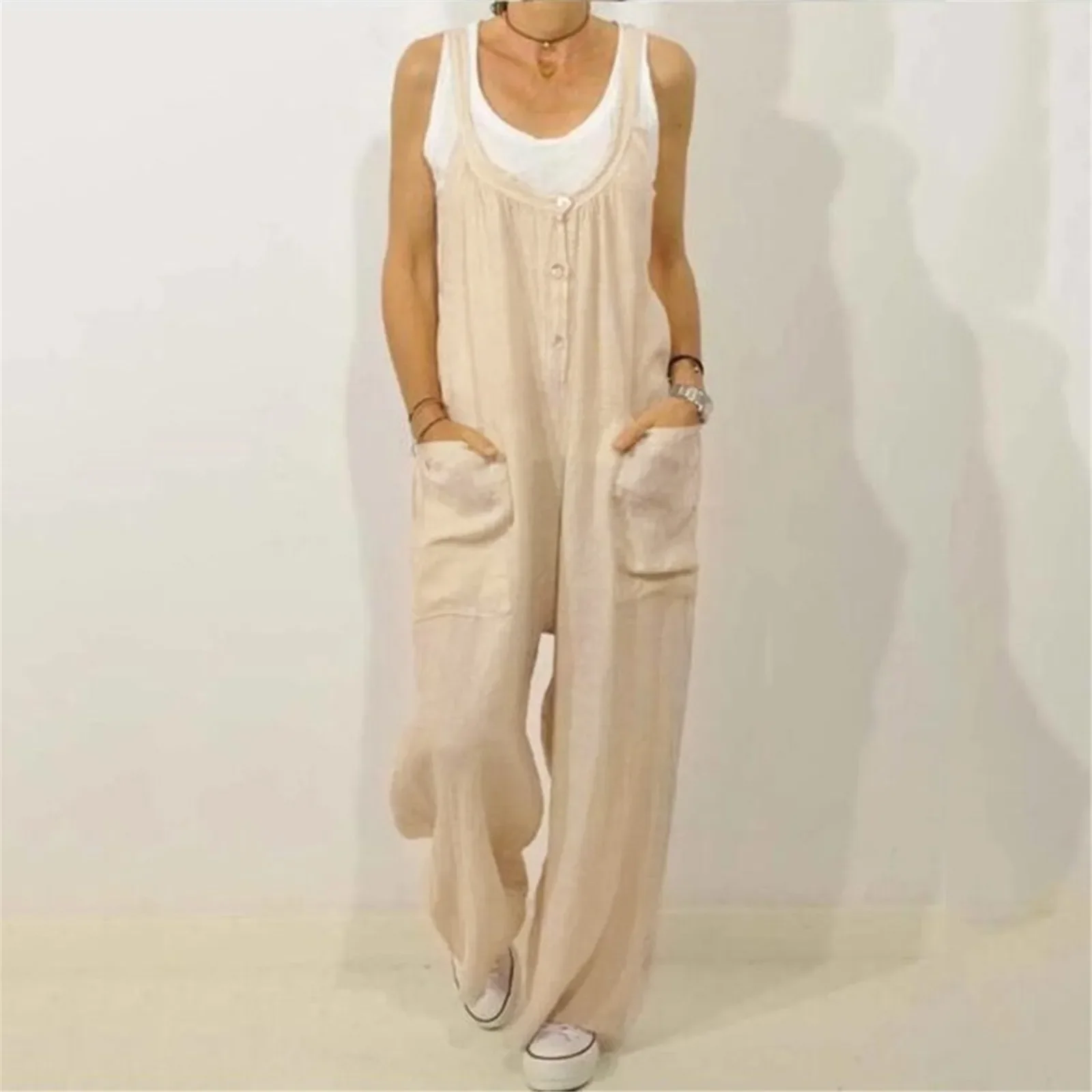 Women Casual Loose Cotton Linen Solid Pockets Jumpsuit Overalls Wide Leg Cropped Pants Jumpsuits for Women 2
