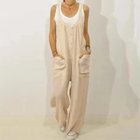 Women Casual Loose Cotton Linen Solid Pockets Jumpsuit Overalls Wide Leg Cropped Pants Jumpsuits for Women 2