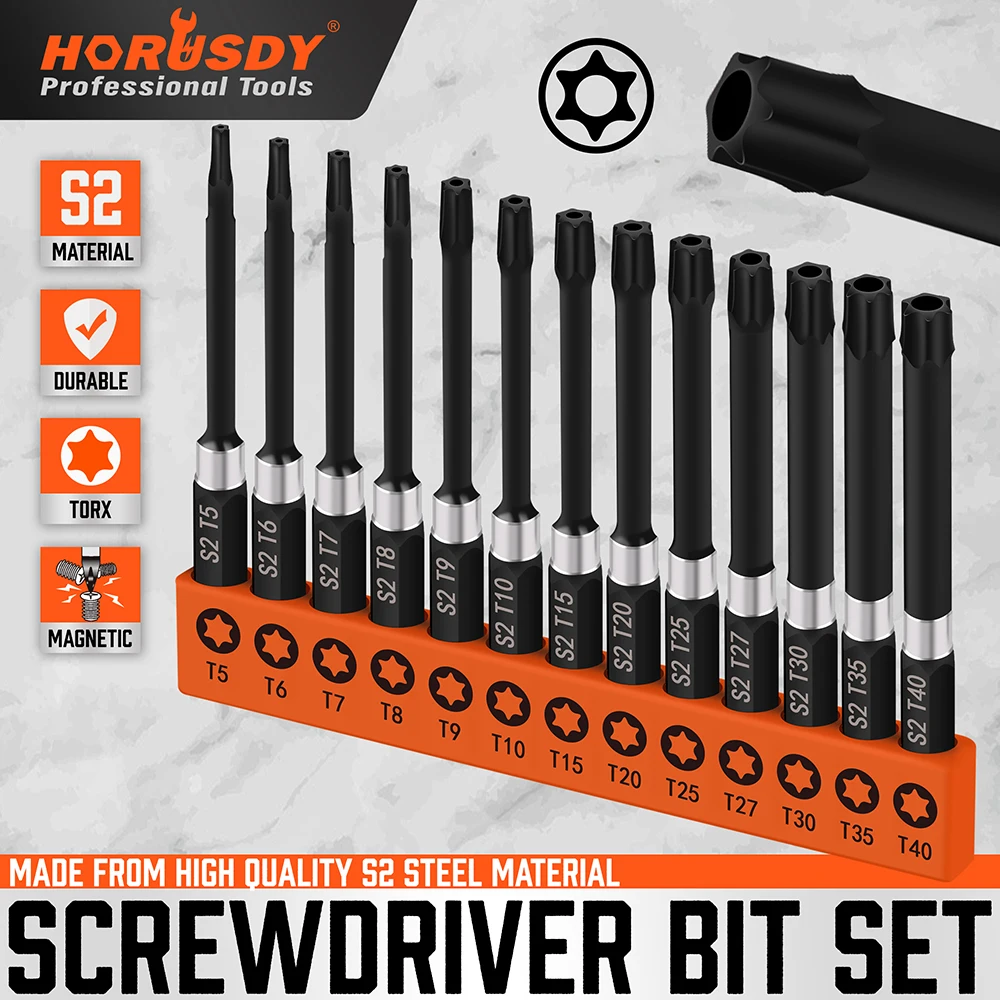 HORUSDY 13Pc Magnetic Torx Screwdriver Bit Set Tamper Proof Long Torque Sleeve T5-T40