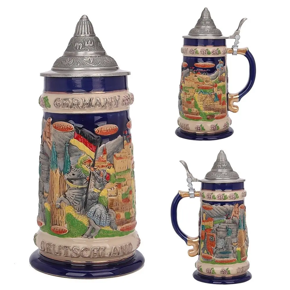 

750ml Big Capacity Beer Mug German Coats of Arms Medallion Tankard with Petwer Lid for Men's Husband Father's Gifts