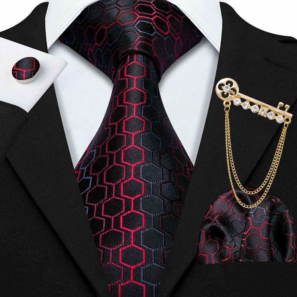 Classic Red Black Men Tie Silk Woven Geometria Di Alta Qualità Designer Suit Pocket Square Gemelli Spilla Set Business Barry.Wang