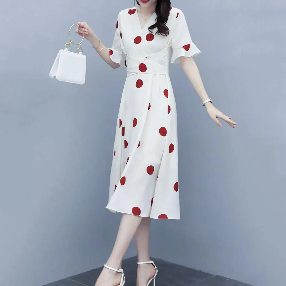 

Breathable Attractive Summer Big Dot Print Midi Dress Comfortable Midi Dress V-Neck Streetwear