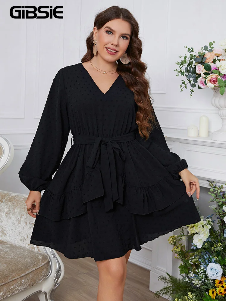 

GIBSIE Plus Size Swiss Dot V Neck Belted Dress Women Spring Fall Lantern Sleeve Sweet Ladies Layered Ruffle Hem Dresses 2022