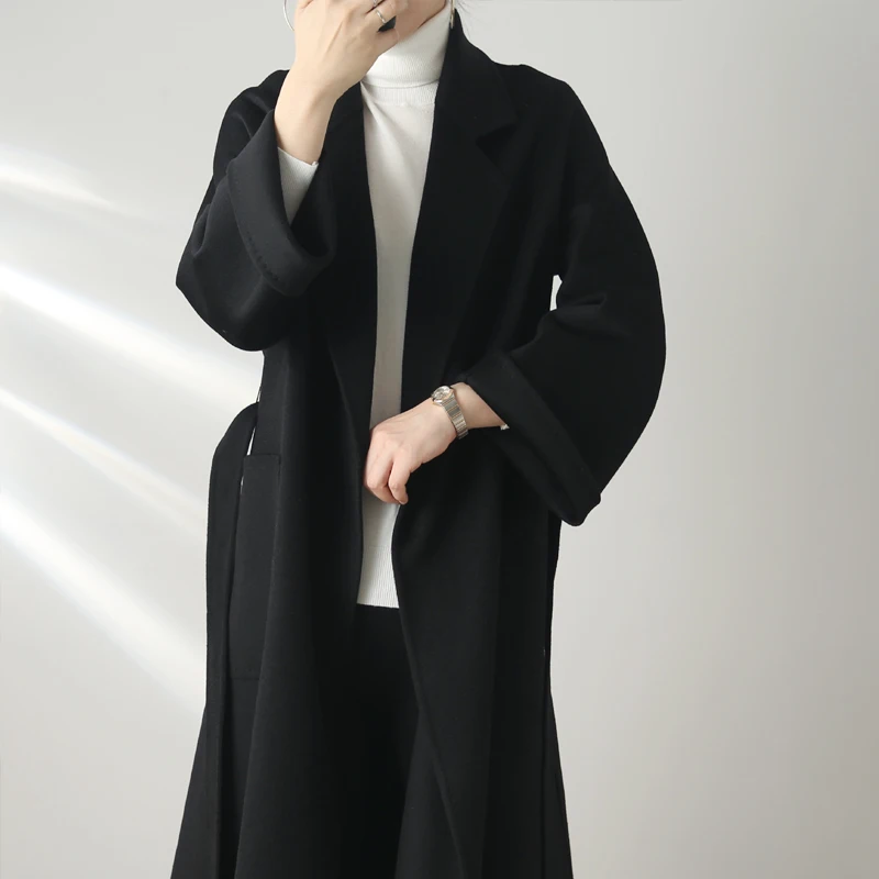 

Solid Water Ripple Double-sided Cashmere Coat Women High Quality XLong Temperament Loose Jacket Overcoat Fashion Autumn Winter